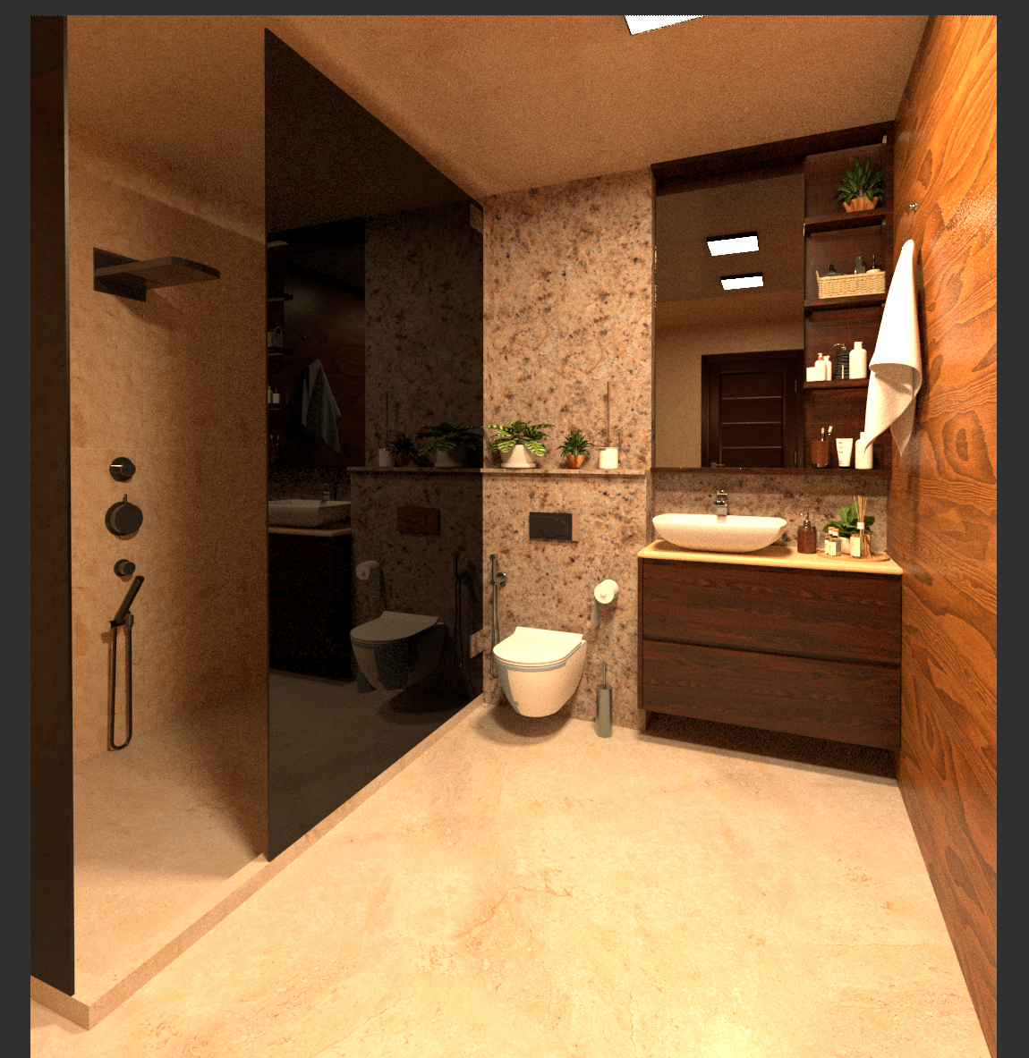 Warm stone bathroom with walk-in shower and terrazzo wall