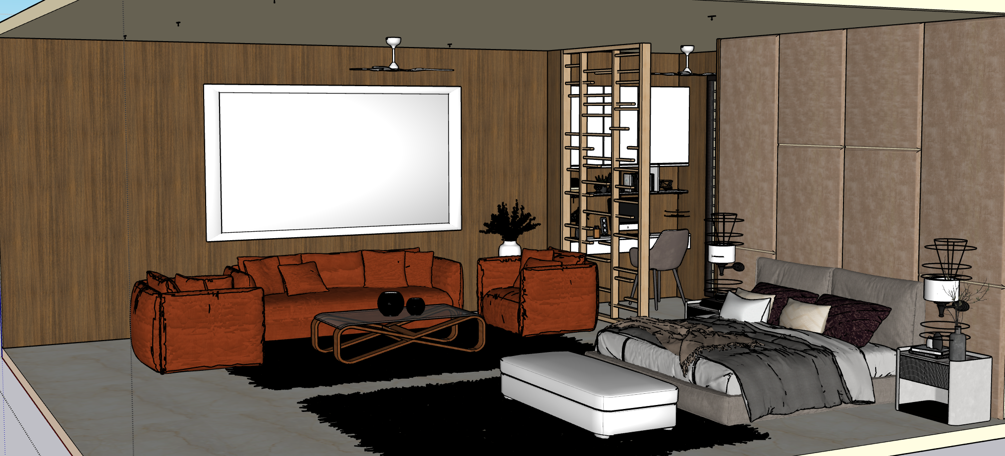 Master suite with orange sofa and bed