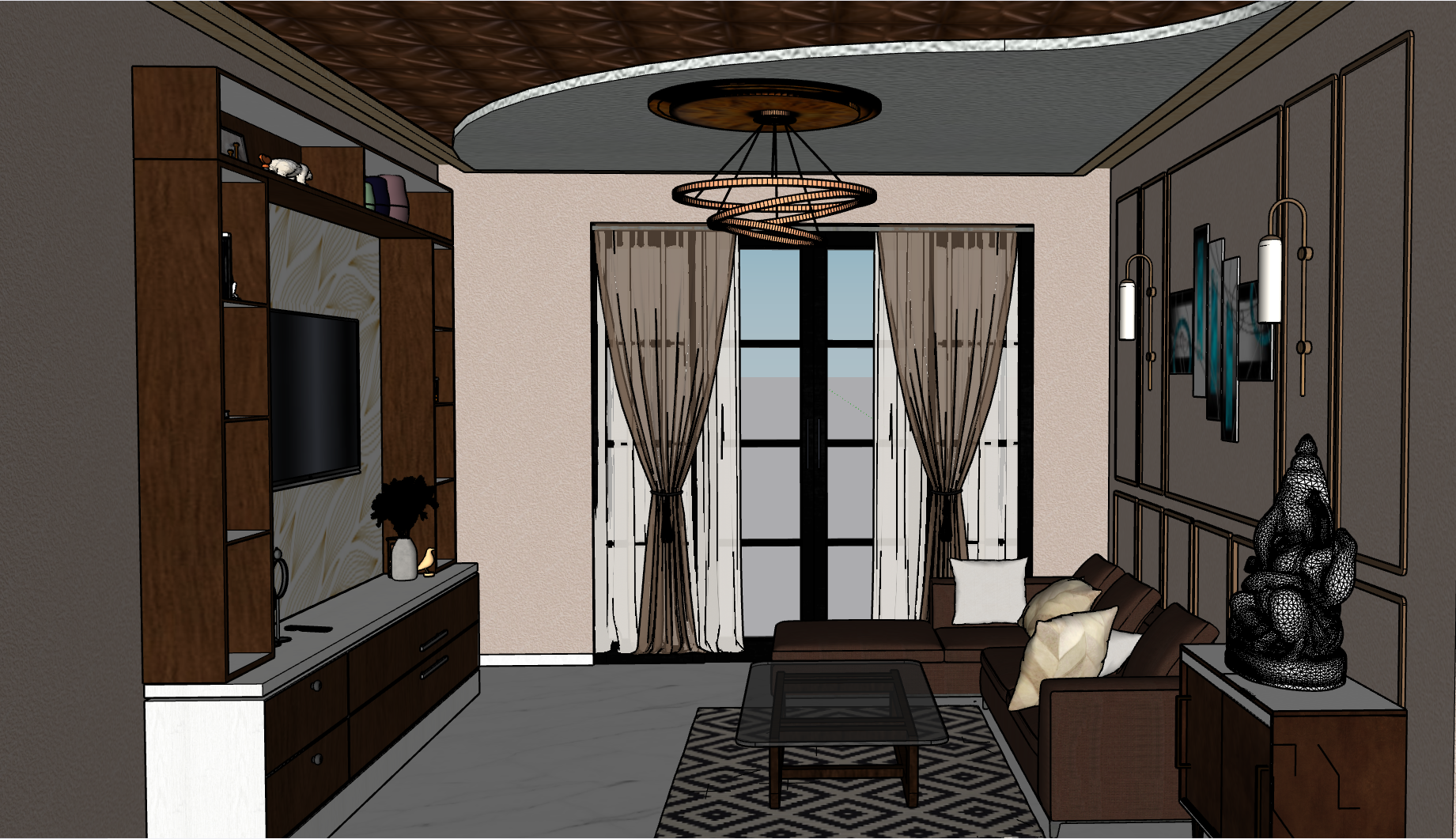 Living room with TV unit and chandelier