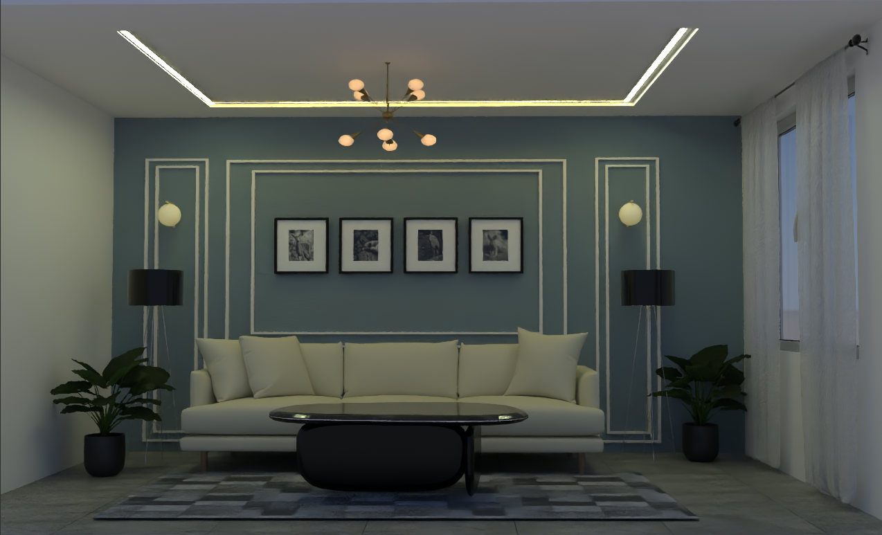 Classical blue living room with molding and framed art