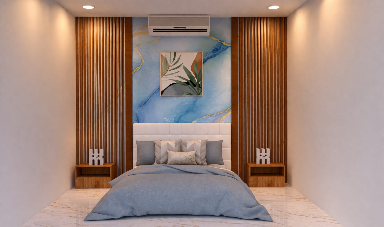 Bedroom with blue marble accent wall