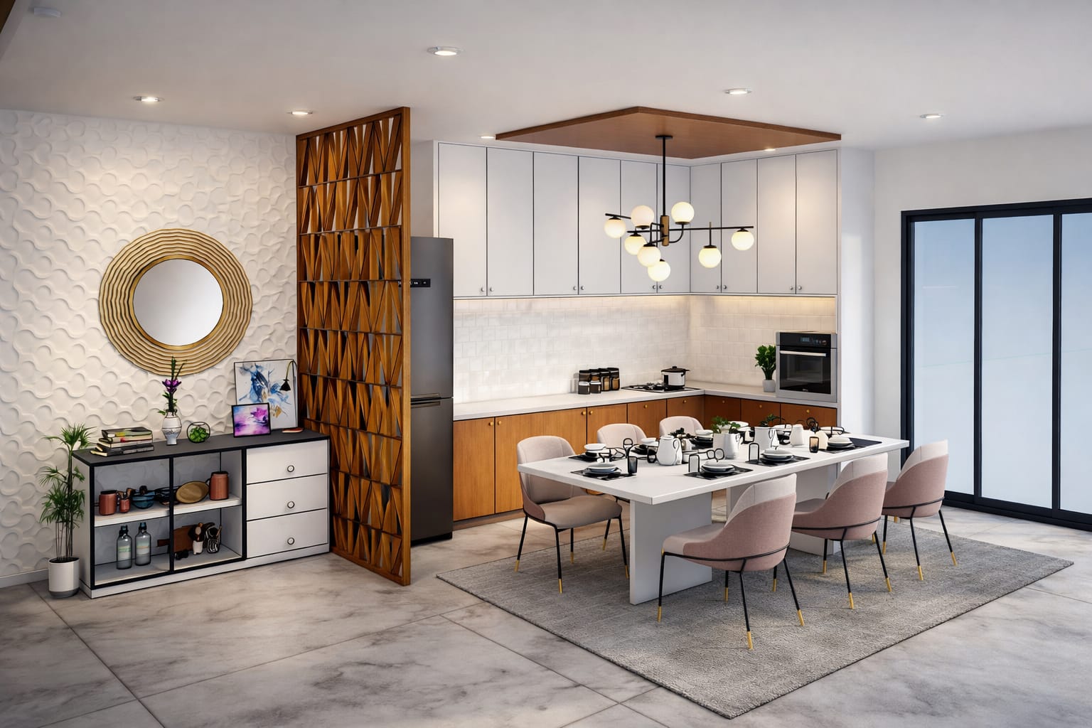 Open kitchen with lattice divider