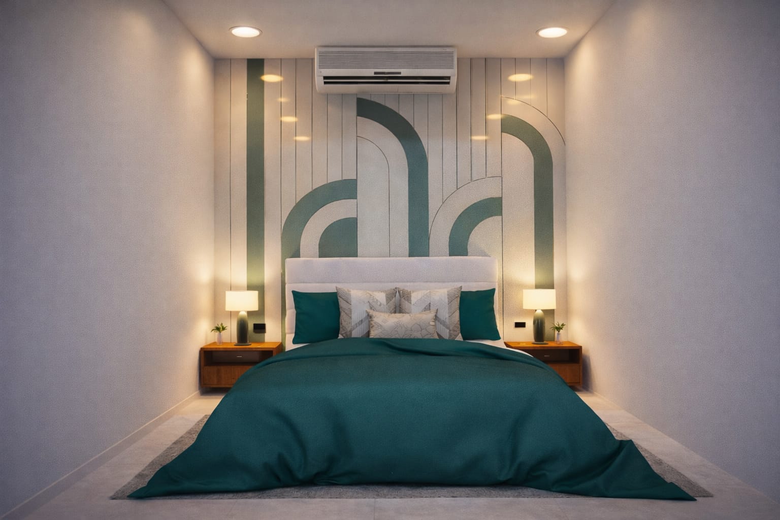 Bedroom with sage arches feature wall